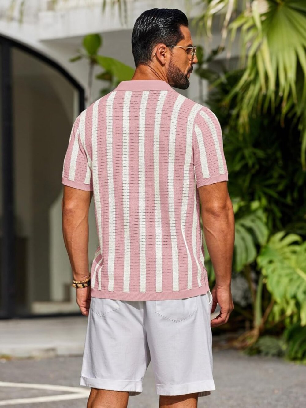Men's Pink & Beige Knit Striped Polo Short Sleeve Summer Beach Casual Shirt - Picture 3 of 6